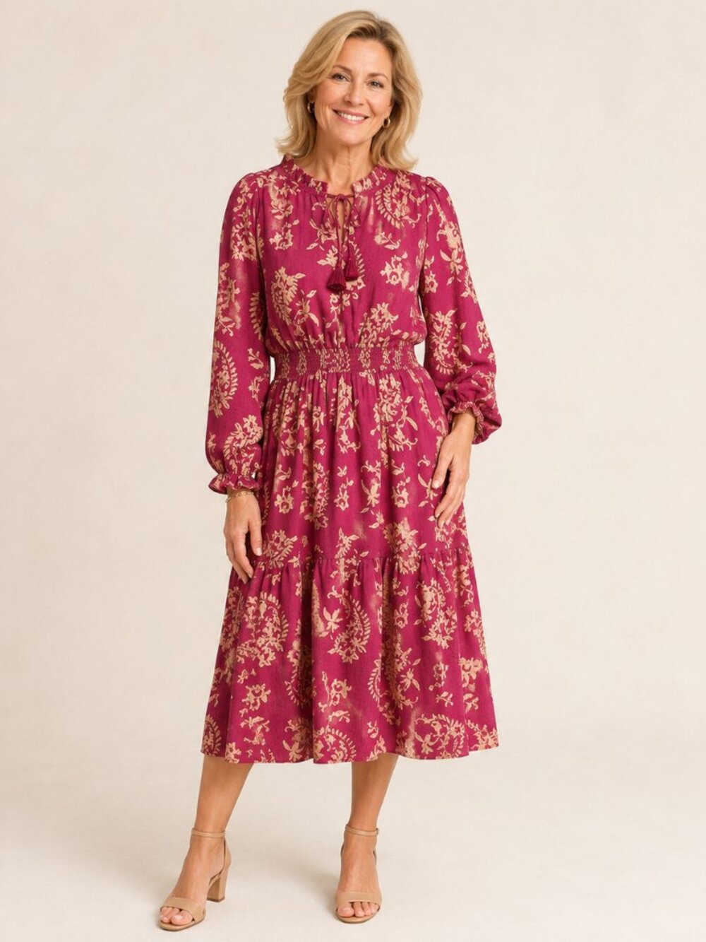 Umgee Pink Floral Midi Dress Sz L Smocked Waist Tie Neck Boho Cottagecore Tiered - Picture 2 of 9